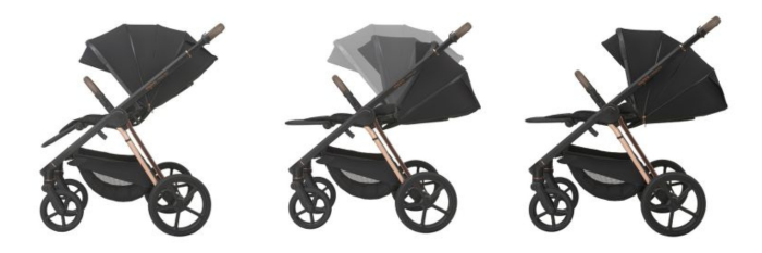 trzy-zdjęcia-pokazują-etapy-rozkładania-spacerówki-do pozycji-leżącej